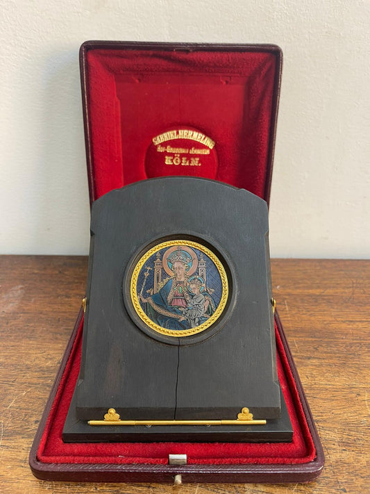 Enamelled Glass Ebony Travelling Mirror, c.1890