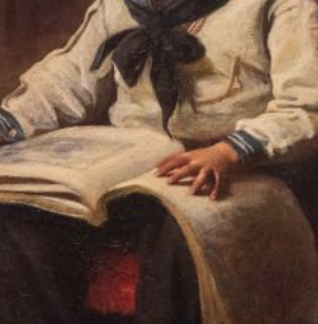 OLIO SU TELA FINE XIX SECOLO CORNICE INTAGLIATA "MARINAIO CHE LETTURA"