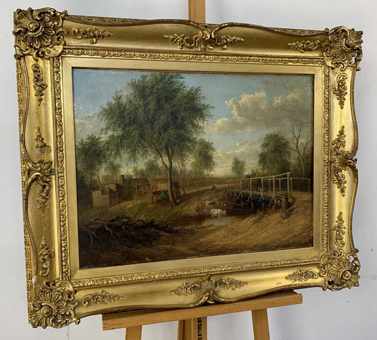 OLIO SU TELA INIZIO XIX SECOLO "Bestiame nel fiume"