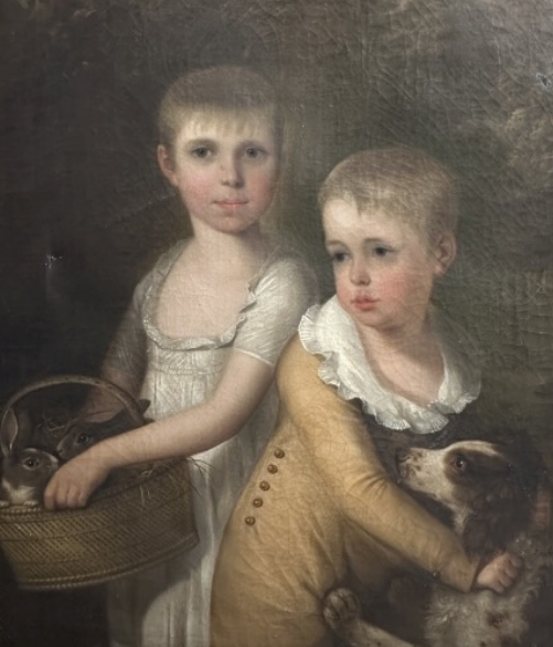 LATE 18TH/EARLY 19TH CENTURY OIL ON CANVAS "CHILDREN WITH DOG AND RABBITS"