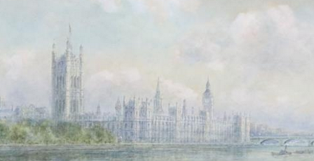 WALTER DUNCAN 1851 - 1932 WATERCOLOUR "PALACE OF WESTMINSTER FROM THE THAMES"