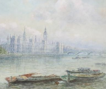 WALTER DUNCAN 1851 - 1932 WATERCOLOUR "PALACE OF WESTMINSTER FROM THE THAMES"