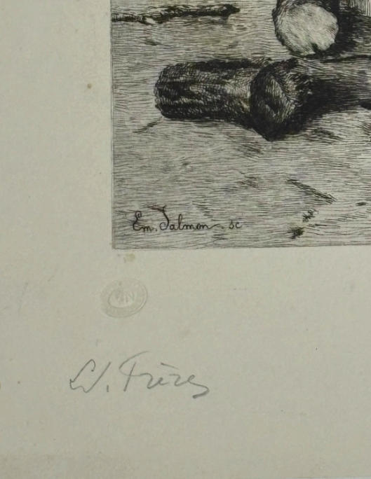 Edouard Frere (1819-1886) Mother and Son Roasting Chestnuts Etching Signed