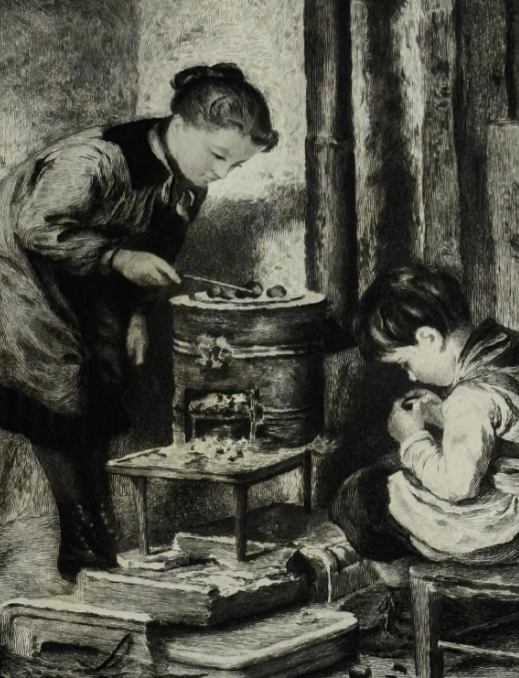 Edouard Frere (1819-1886) Mother and Son Roasting Chestnuts Etching Signed