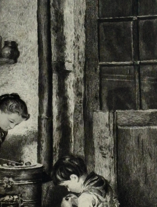Edouard Frere (1819-1886) Mother and Son Roasting Chestnuts Etching Signed