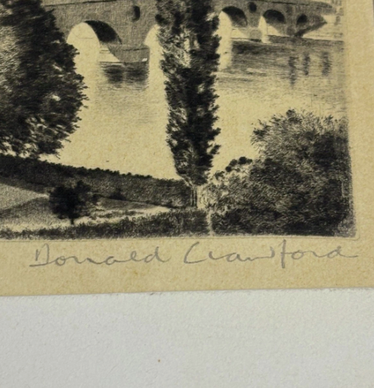 Donald Crawford Mid-Century Print Bridge Over River Signed
