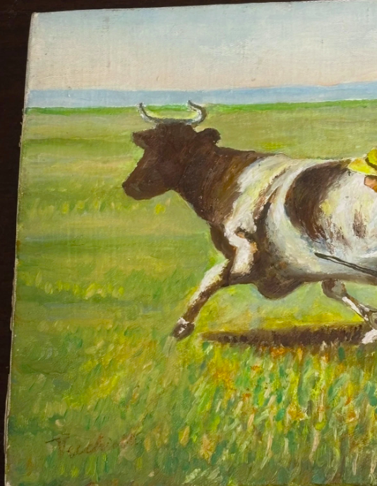 Original Oil Painting Cow Wrangling on Linen Canvas Signed
