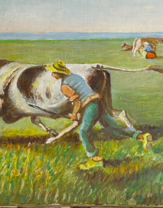 Original Oil Painting Cow Wrangling on Linen Canvas Signed