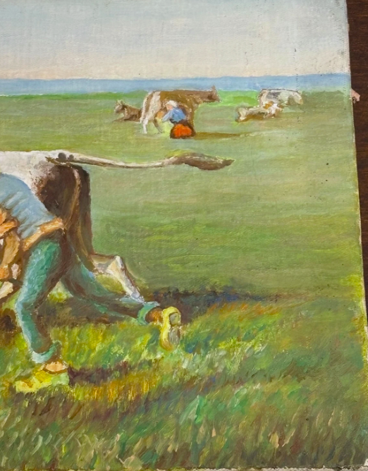 Original Oil Painting Cow Wrangling on Linen Canvas Signed