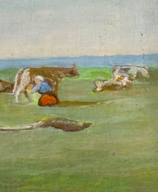 Original Oil Painting Cow Wrangling on Linen Canvas Signed