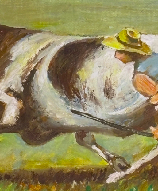 Original Oil Painting Cow Wrangling on Linen Canvas Signed