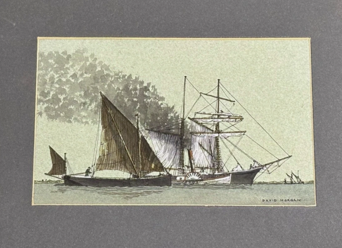 David Morgan Original Watercolour Ink Steamboat and Sailboat Signed