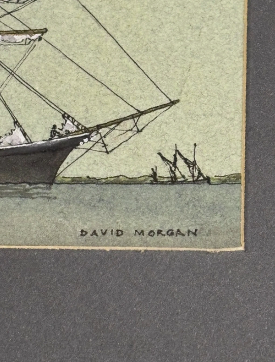 David Morgan Original Watercolour Ink Steamboat and Sailboat Signed
