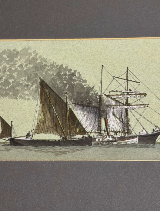 David Morgan Original Watercolour Ink Steamboat and Sailboat Signed