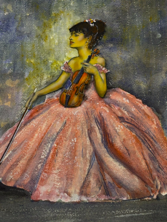 Original Watercolour Two Violinists Pink Dresses