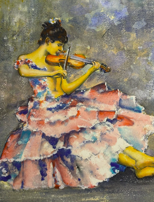 Original Watercolour Two Violinists Pink Dresses