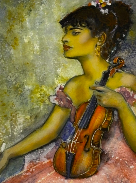 Original Watercolour Two Violinists Pink Dresses