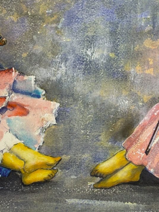 Original Watercolour Two Violinists Pink Dresses