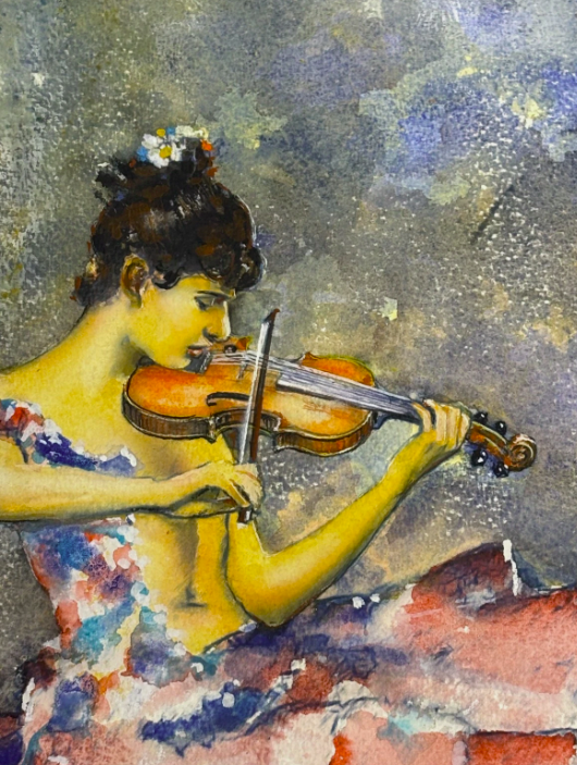 Original Watercolour Two Violinists Pink Dresses