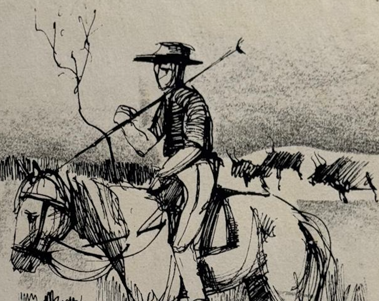 Le Guardian Mid Century Pen and Ink Drawing Horse and Rider