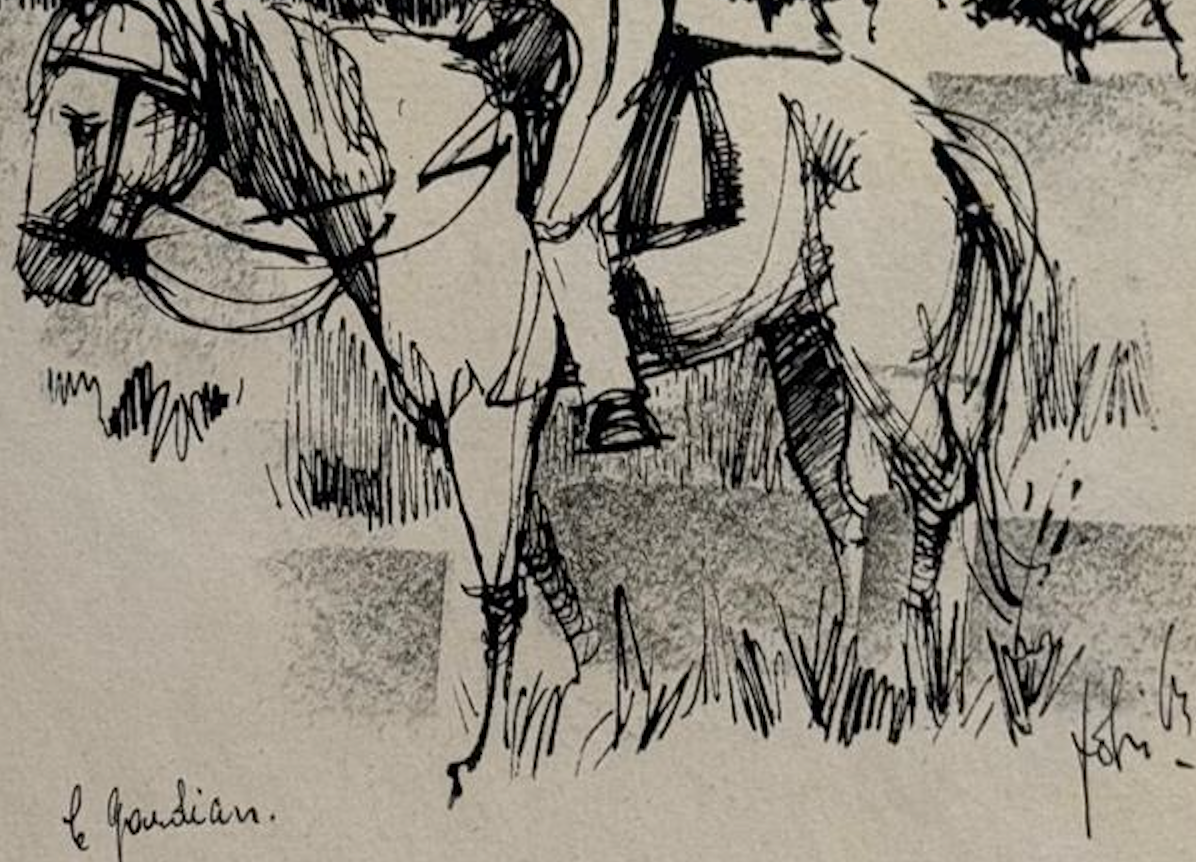 Le Guardian Mid Century Pen and Ink Drawing Horse and Rider