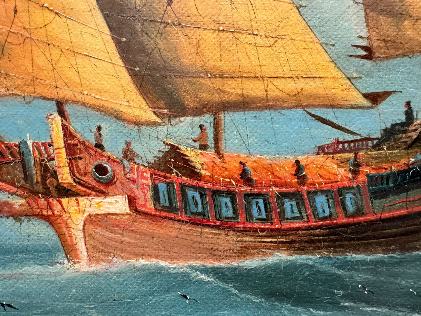 Pair of 19th Century Export School Oil Paintings of Junks at Sea