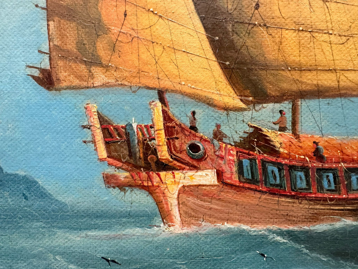 Pair of 19th Century Export School Oil Paintings of Junks at Sea