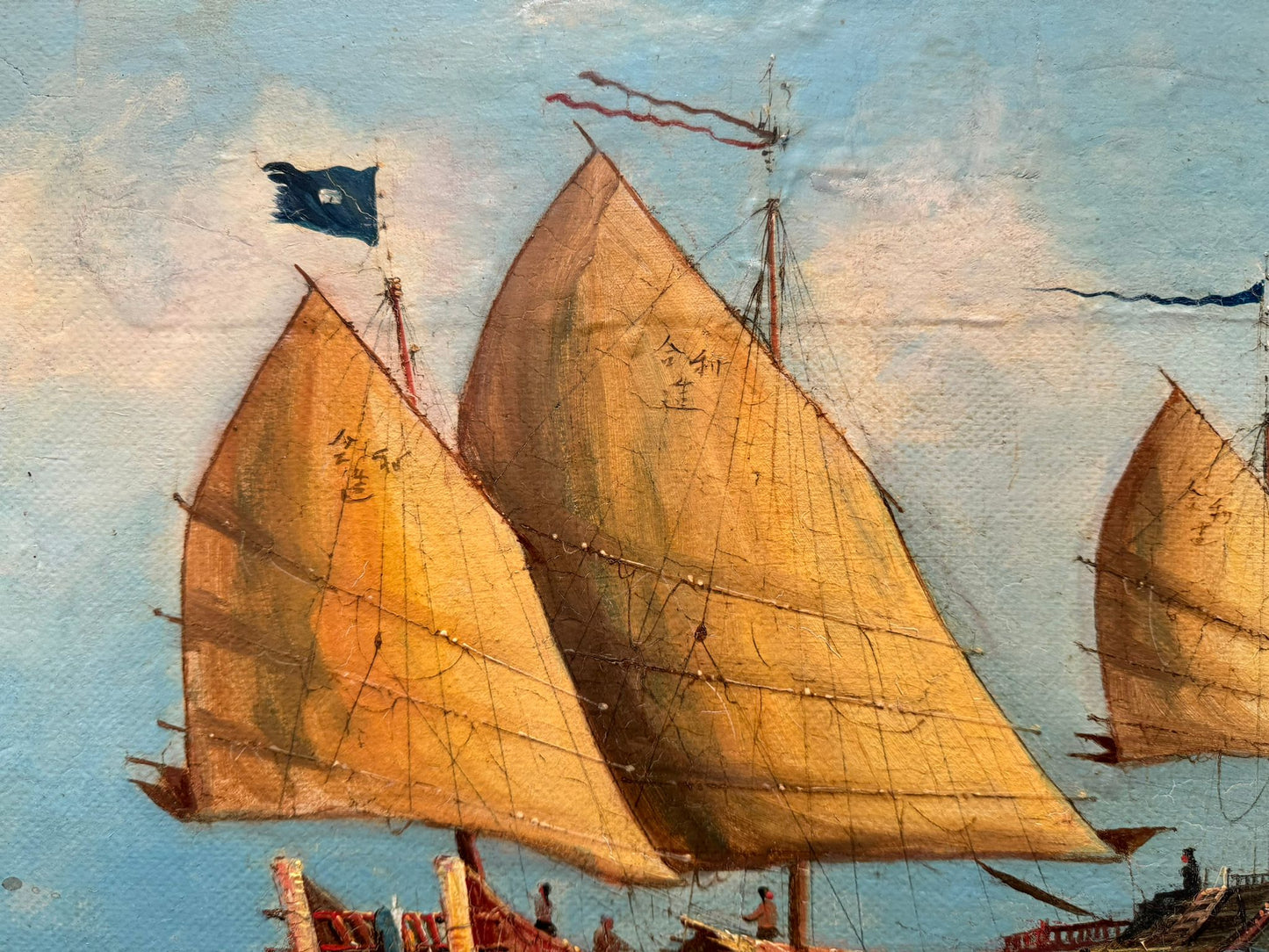 Pair of 19th Century Export School Oil Paintings of Junks at Sea