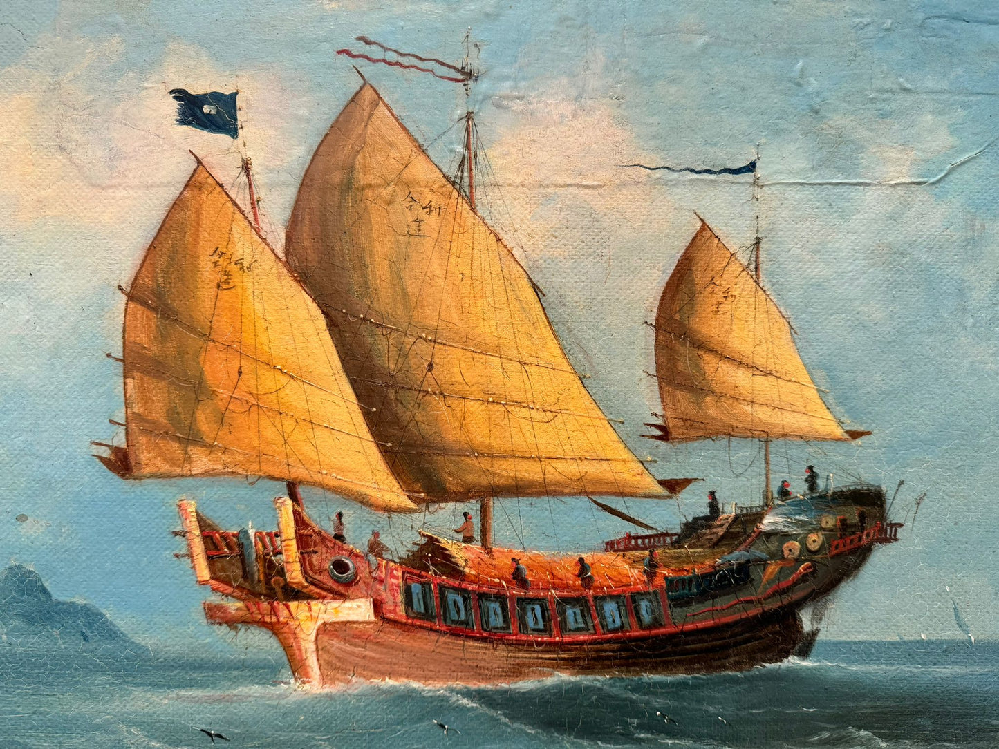 Pair of 19th Century Export School Oil Paintings of Junks at Sea