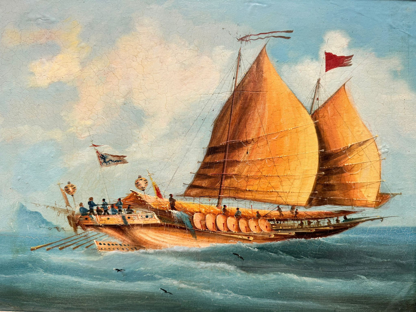 Pair of 19th Century Export School Oil Paintings of Junks at Sea