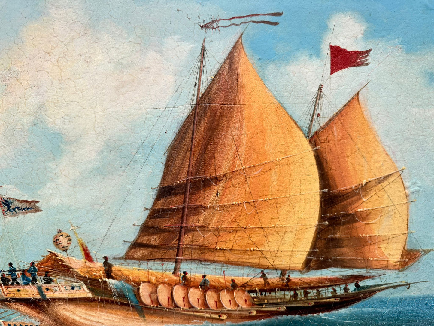 Pair of 19th Century Export School Oil Paintings of Junks at Sea