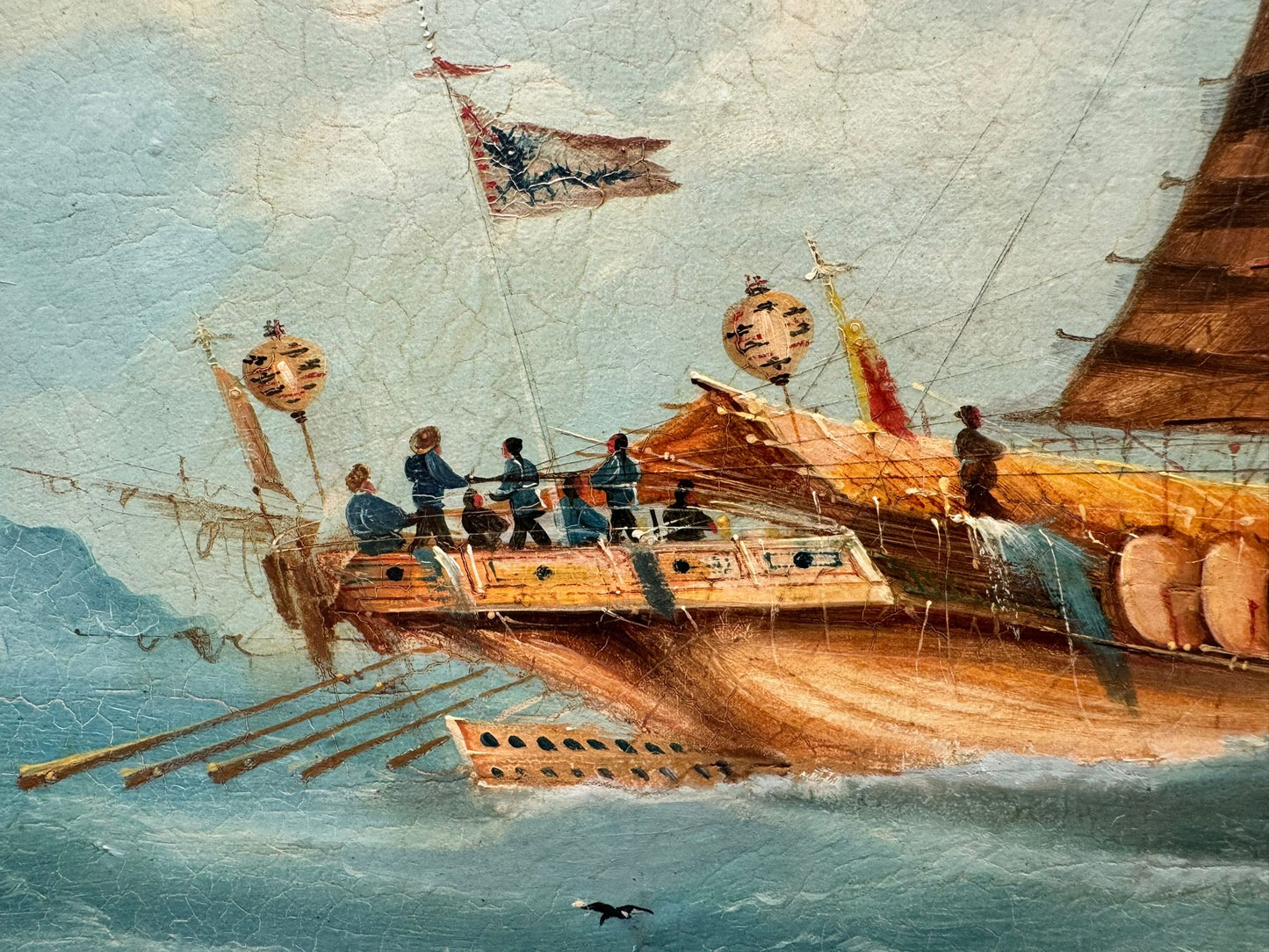 Pair of 19th Century Export School Oil Paintings of Junks at Sea
