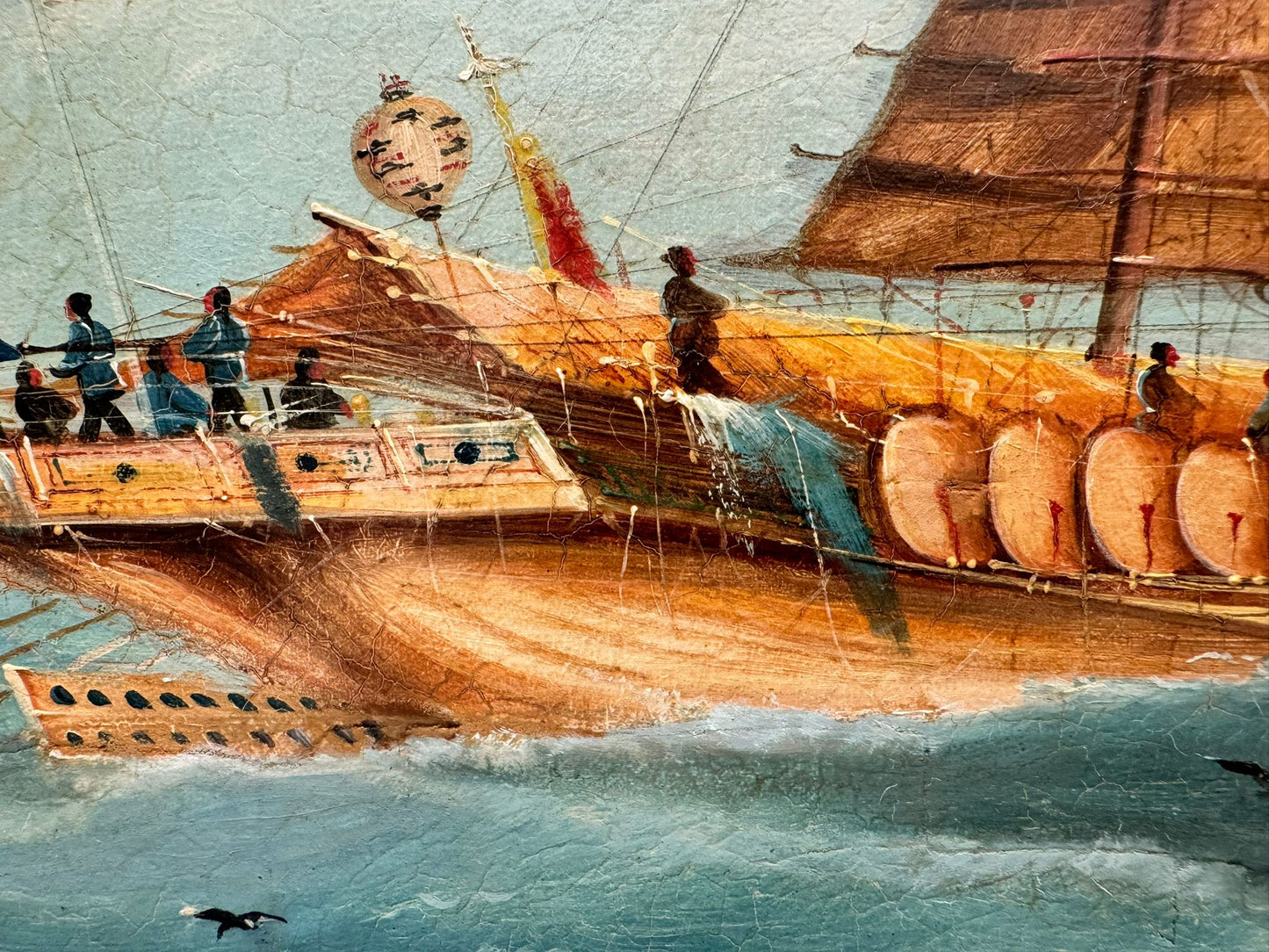 Pair of 19th Century Export School Oil Paintings of Junks at Sea