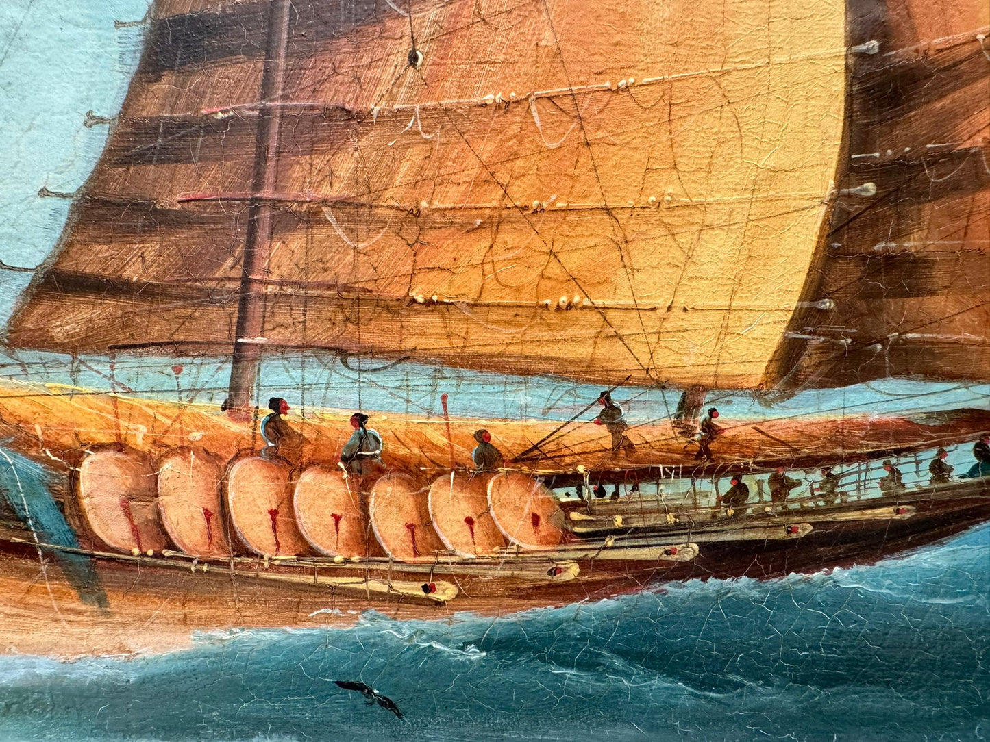 Pair of 19th Century Export School Oil Paintings of Junks at Sea