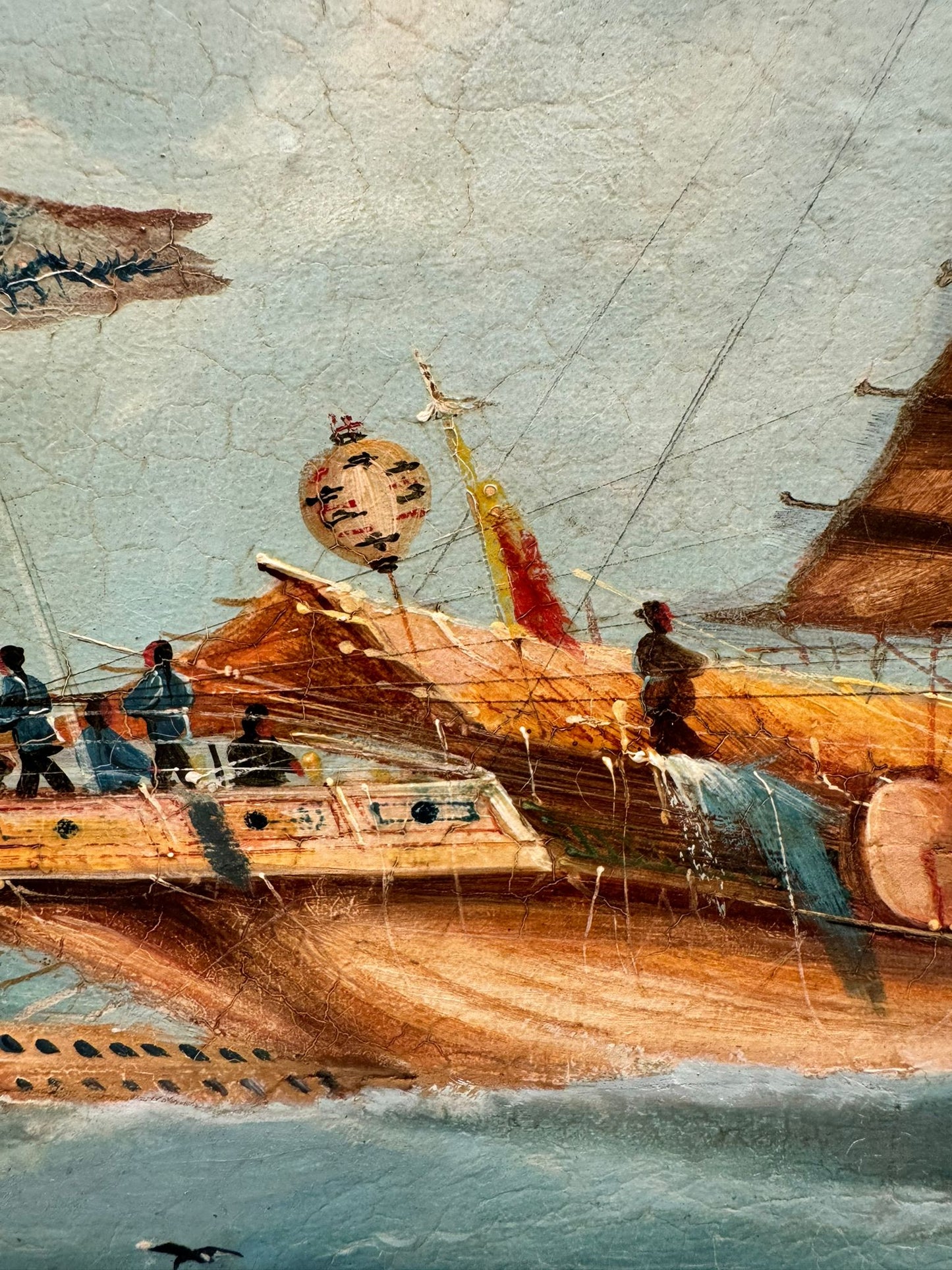 Pair of 19th Century Export School Oil Paintings of Junks at Sea