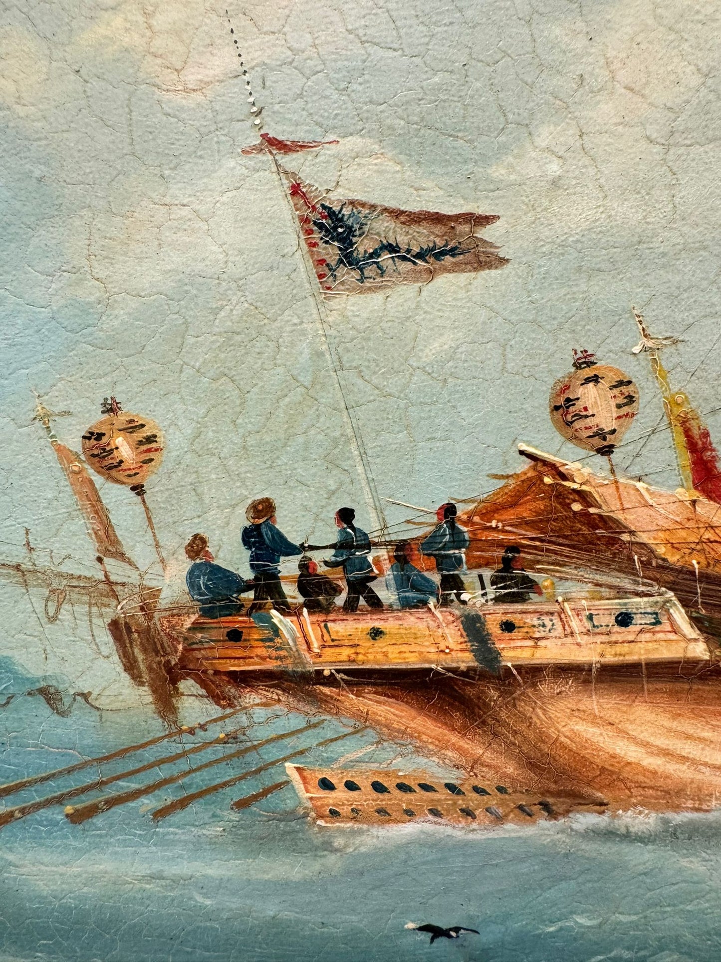 Pair of 19th Century Export School Oil Paintings of Junks at Sea