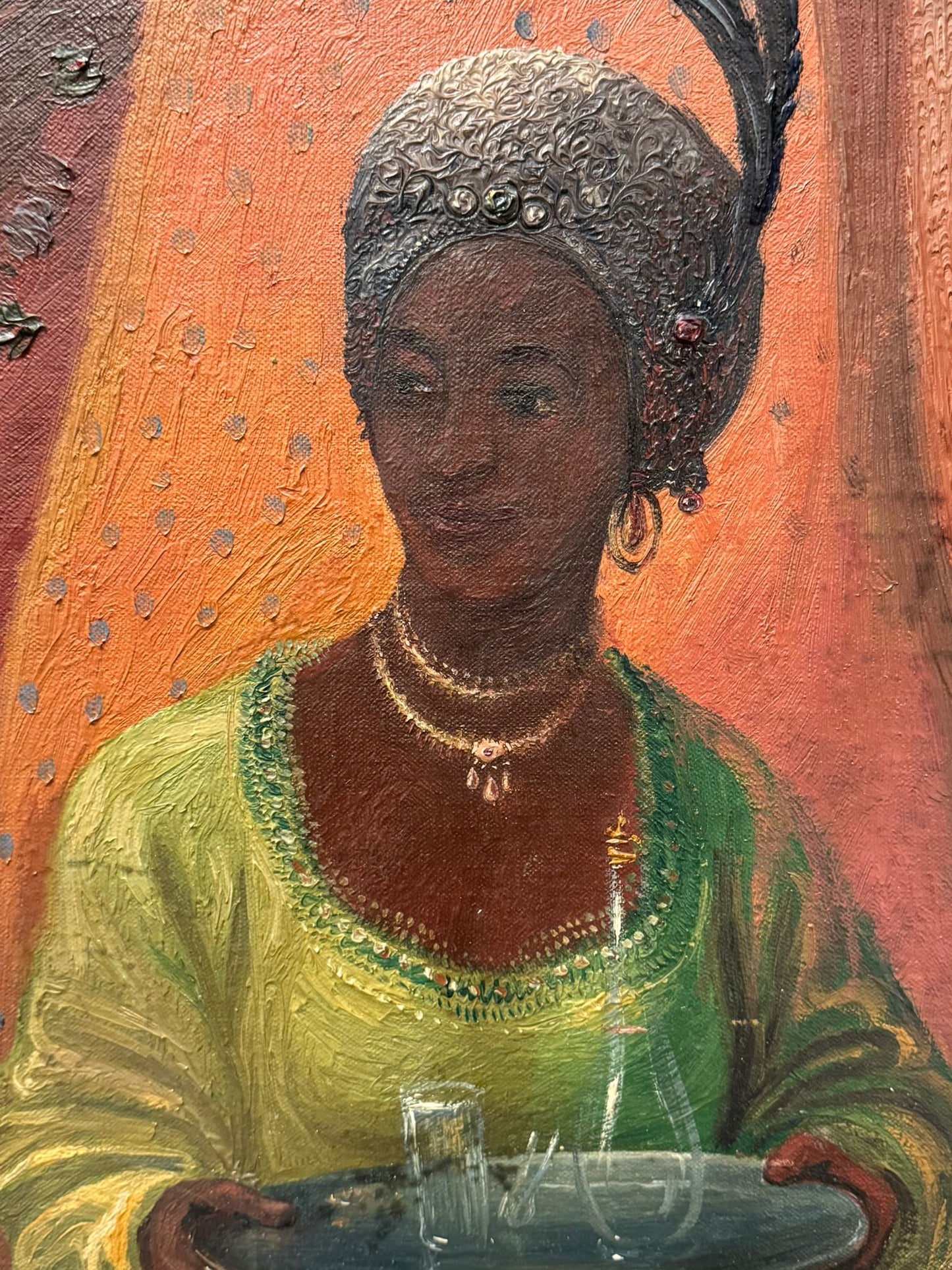 1920'S SUPERB OIL PAINTING ON CANVAS PORTRAIT AFRICAN WOMAN HIGH SOCIETY FRAMED