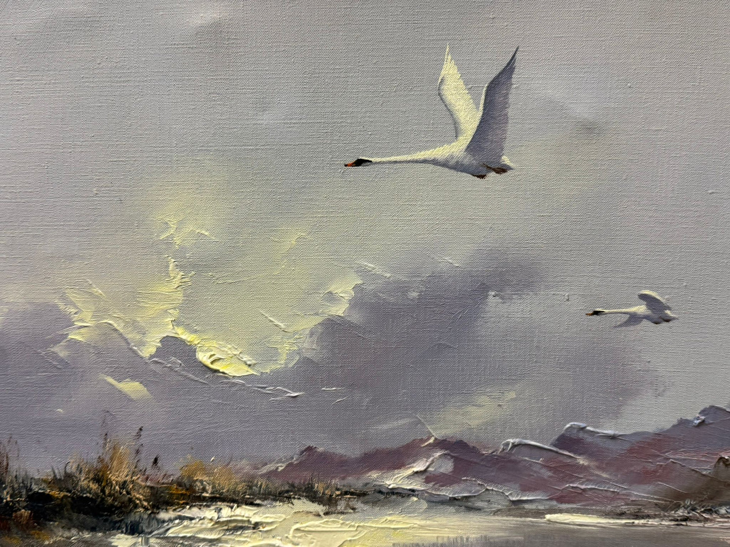 HOWARD DEVONALD B.1944 ORIGINAL OIL PAINTING SWANS IN FLIGHT DECORATIVE FRAMED 