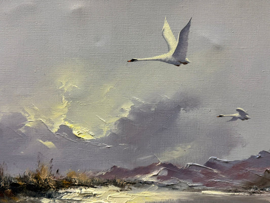 HOWARD DEVONALD B.1944 ORIGINAL OIL PAINTING SWANS IN FLIGHT DECORATIVE FRAMED 