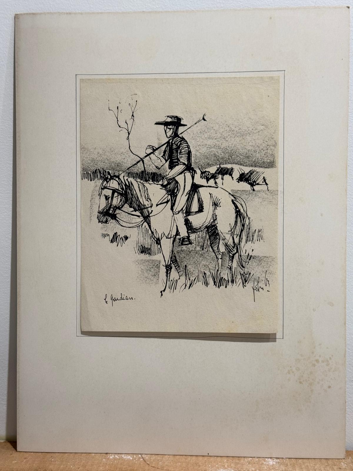 Le Guardian Mid Century Pen and Ink Drawing Horse and Rider