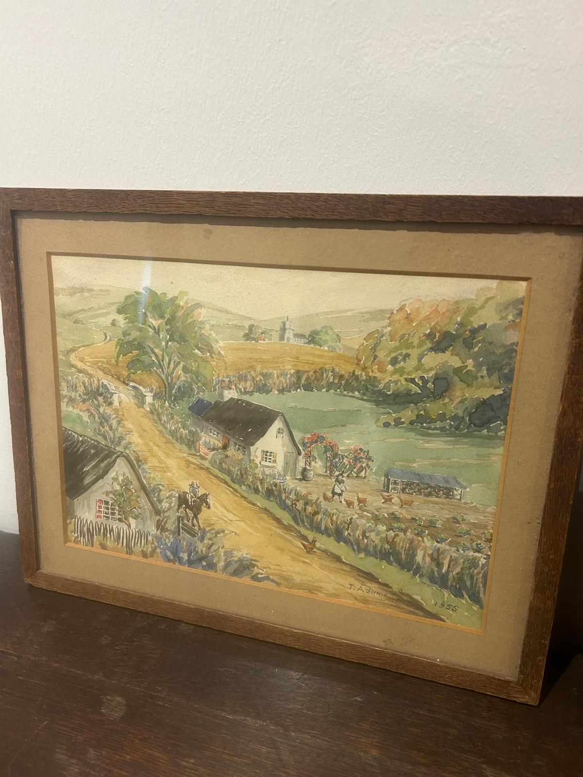 Pair Of Naive 1950’s Watercolours of a Country Village Scene