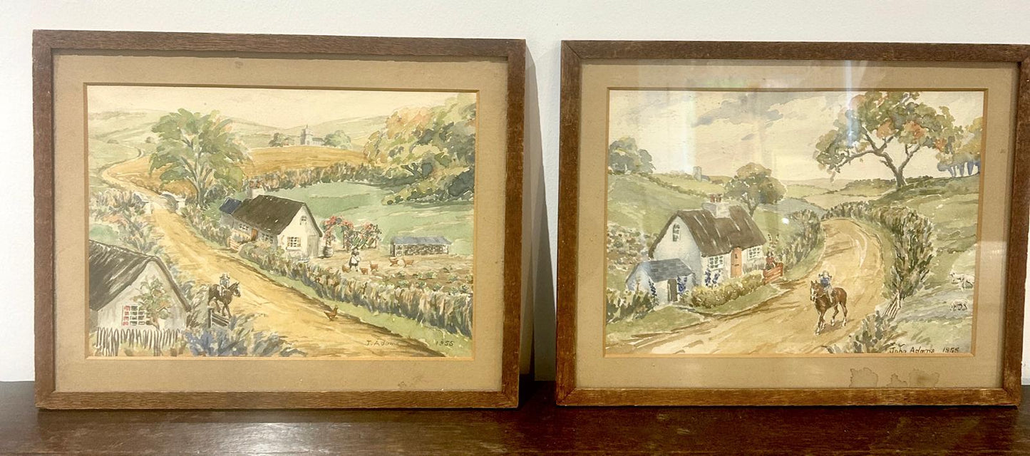 Pair Of Naive 1950’s Watercolours of a Country Village Scene