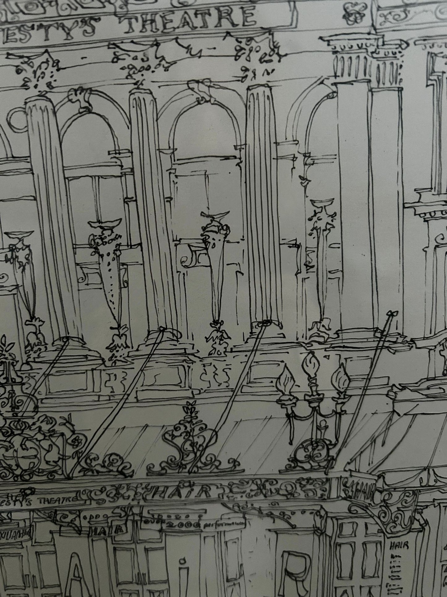 Architectural Drawing of Her Majesty's Theatre "Hair" 1975. Signed and dated. Colin Spencer