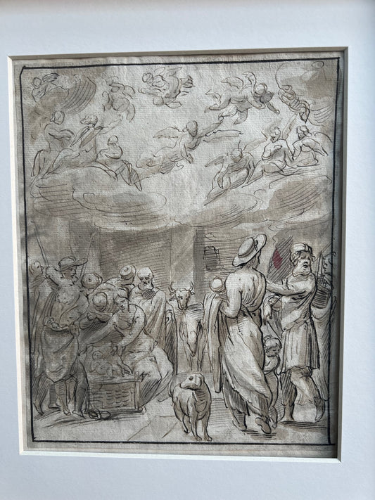 OLD MASTER DRAWING "BIBLICAL" PEN, INK & WASH 17TH CENTURY "ADORATION OF THE SHEPHERDS"