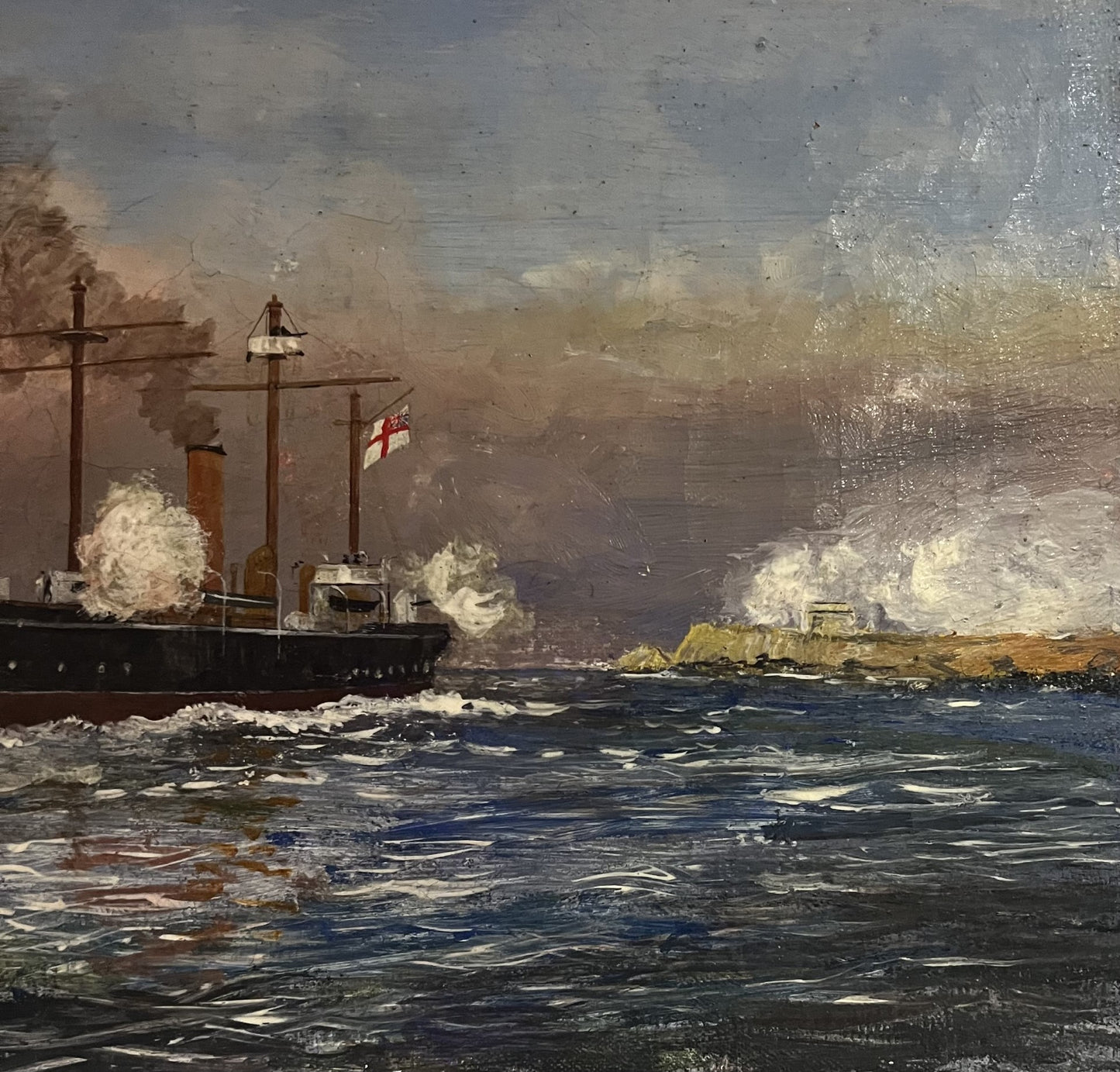 OIL ON CANVAS C1880S BRITISH STEAM WARSHIP HMS CONDOR BOMBARDMENT OF ALEXANDRIA (EGYPT)