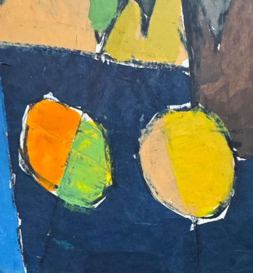 MID 1950S MIXED MEDIA (OIL AND OIL PASTEL) ON BOARD ABSTRACT CUBIST STILL LIFE FLOWERS