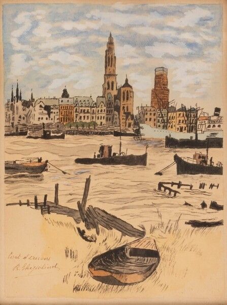 C1920s Dutch Harbour Scene Watercolour on paper