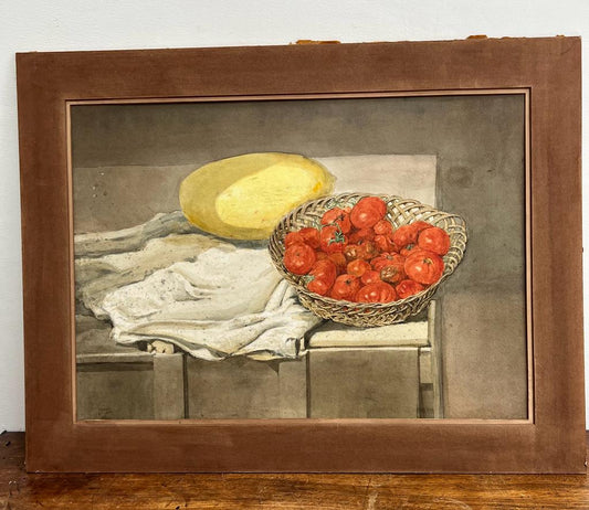 Grande natura morta ad acquerello di frutta e pomodori