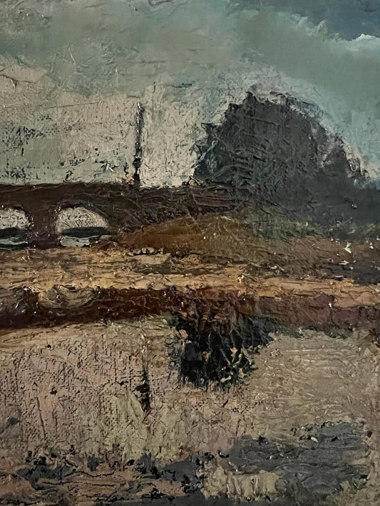C1920s SCOTTISH SCHOOL OIL ON CANVAS RIVER AND BRIDGE