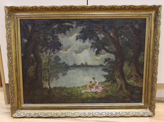 GEZA ZAHONYI UNGHERESE (B1889) OLIO SU TELA BATTENTI IN RIVA A UN LAGO